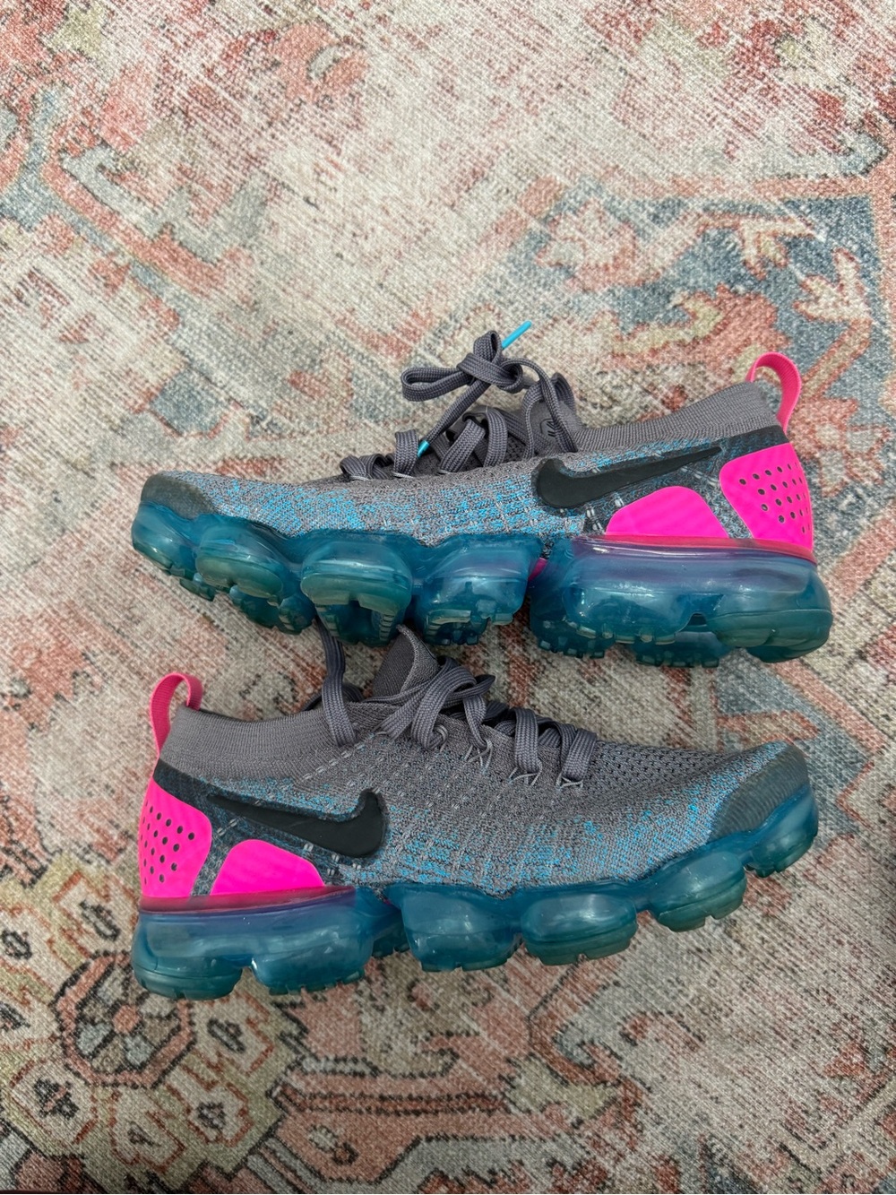 Nike Women’s Grey Flyknit Sneakers with Pink & Blue VaporMax Sole